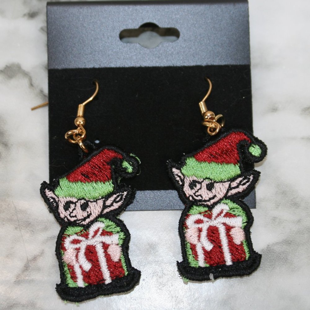 HANDMADE Earrings Elf Christmas Holiday Embroidered Lace Pierced Green